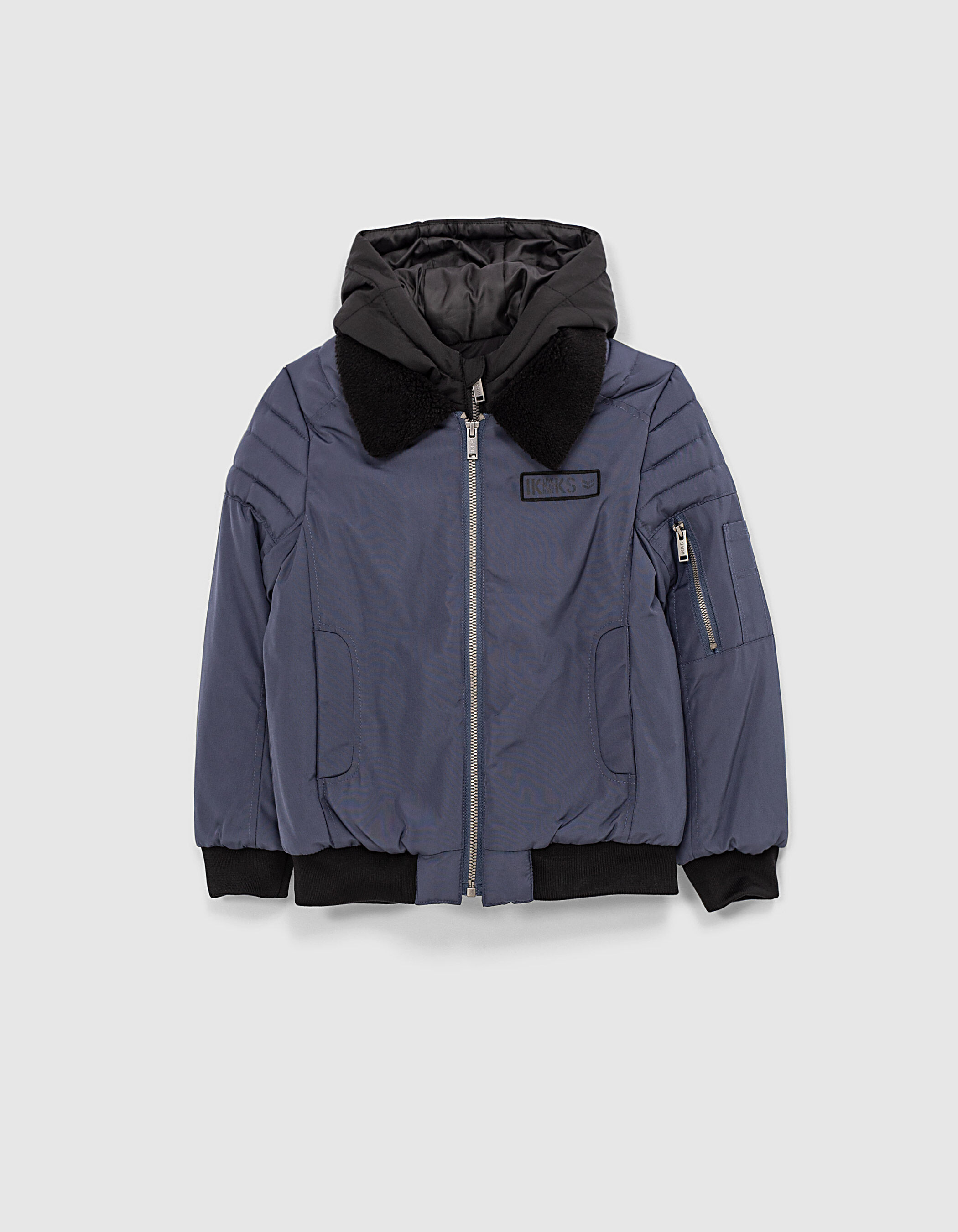 Boys' slate bomber jacket with hood facing