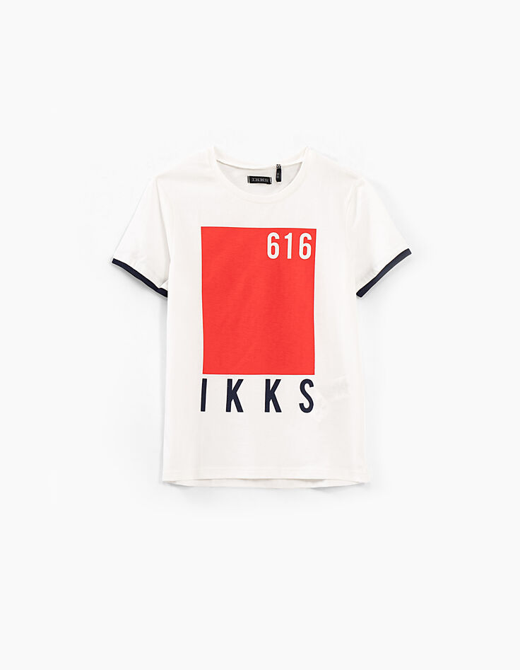 Camiseta blanco roto con marco rojo niño -1