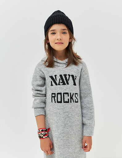 Girls' mid-grey marl knit hooded dress - IKKS