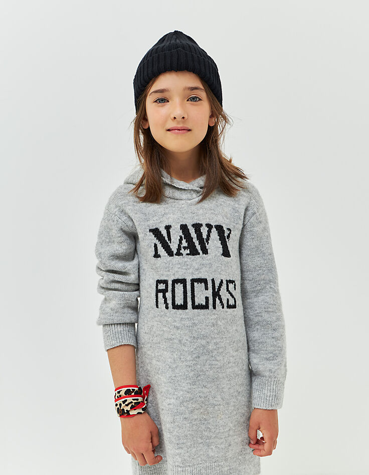 Girls' mid-grey marl knit hooded dress-1 Girls' mid-grey marl knit hooded dress-1
