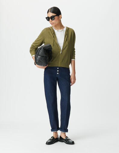 Khaki Damenstrickjacke Kapuze Lurex Fischgräten hinten - IKKS