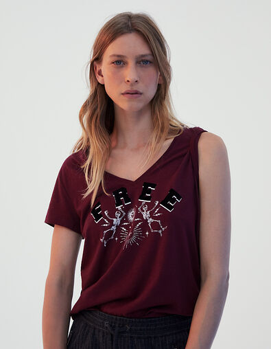 Tee-shirt grenat en coton modal flammé visuel tatoo femme - IKKS
