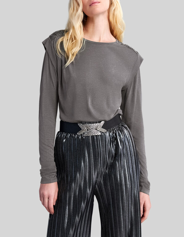 Graues Damen-T-Shirt mit kleinen Perlen an den Schultern-2