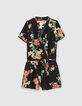 Combinaison en twill noir imprimé bouquet de fleurs femme-1