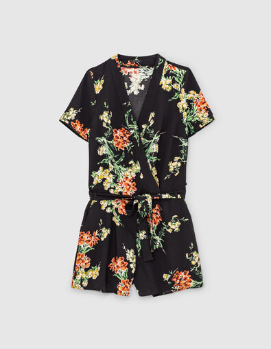 Combinaison en twill noir imprimé bouquet de fleurs femme - IKKS