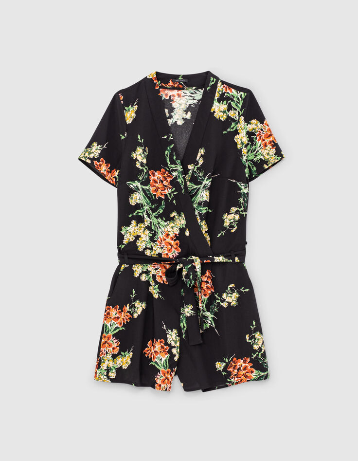 Combinaison en twill noir imprimé bouquet de fleurs femme-1 Combinaison en twill noir imprimé bouquet de fleurs femme-1