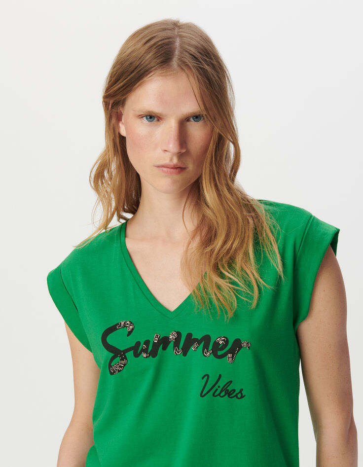 Green V-neck T-shirt with slogan-4