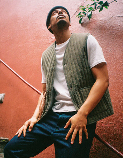 Men's khaki quilted sleeveless vest - IKKS