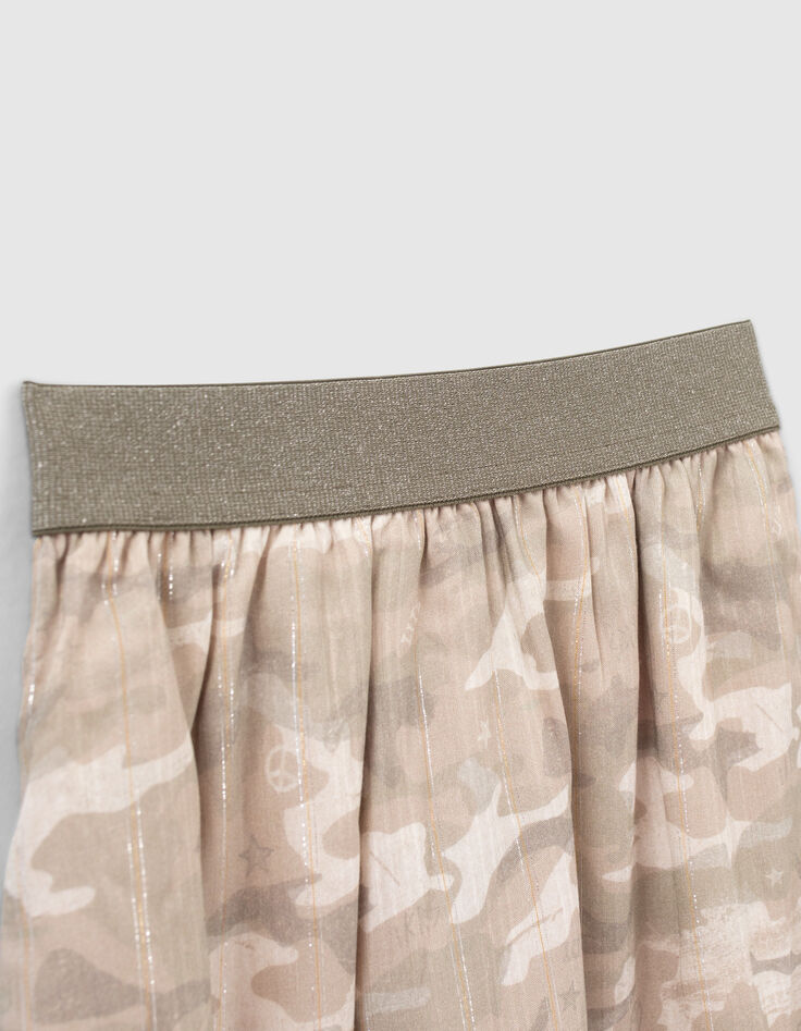 Jupe kaki imprimé camouflage et rayures dorées fille-3