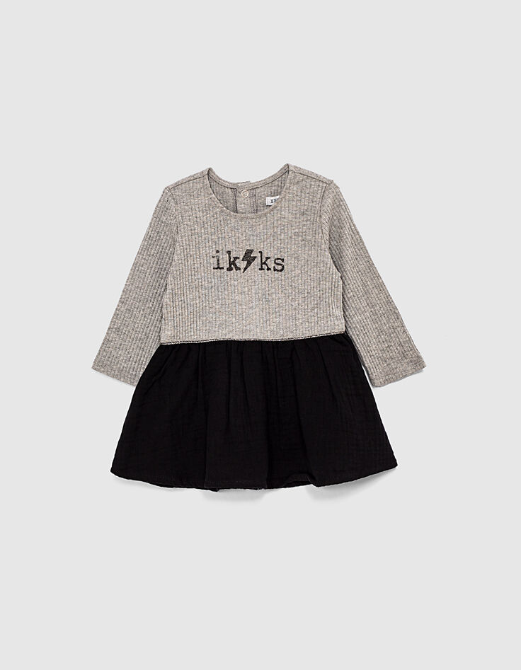 Baby girls’ mid-grey marl and black mixed-fabric dress-2 Baby girls’ mid-grey marl and black mixed-fabric dress-2