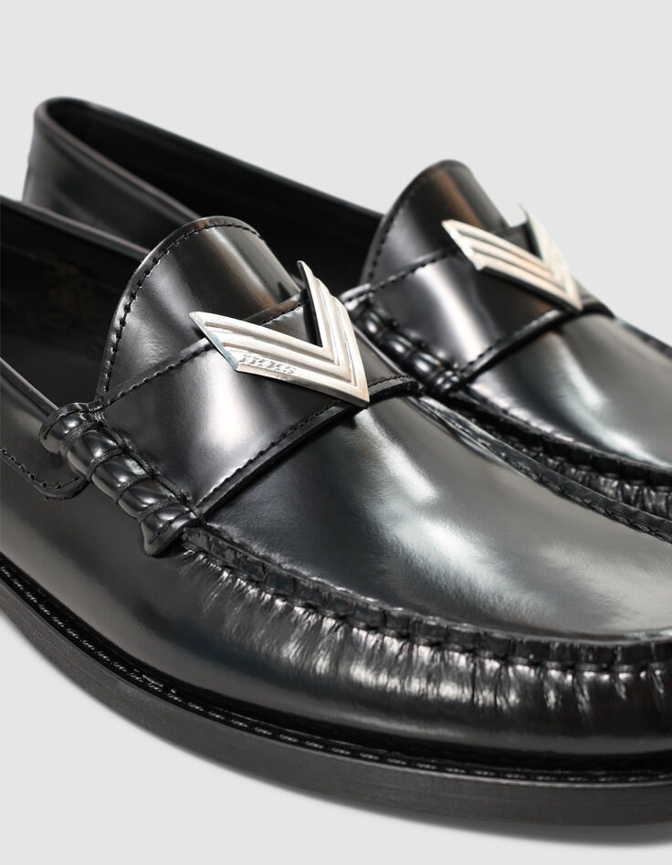 Women's black glac&eacute; leather loafers-5