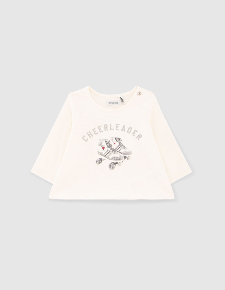 Baby girls’ ecru T-shirt with roller skate image-1