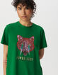 Green crew neck T-shirt with cat and lightning-4
