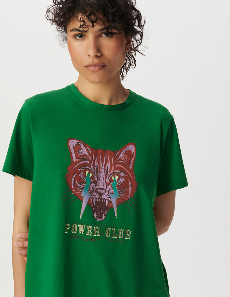 Green crew neck T-shirt with cat and lightning-4 Green crew neck T-shirt with cat and lightning-4