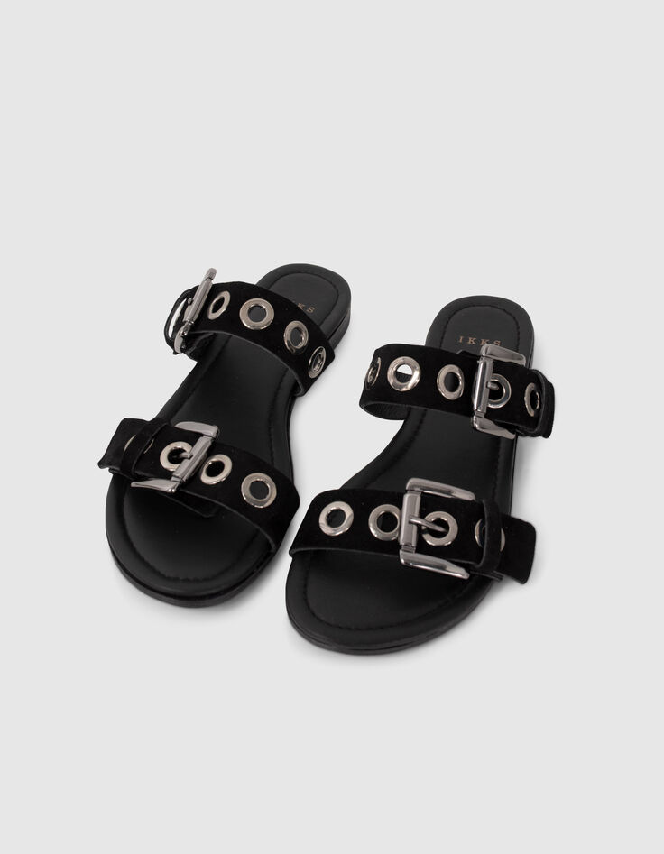 Mules noires en cuir velours brides à œillets Femme-2
