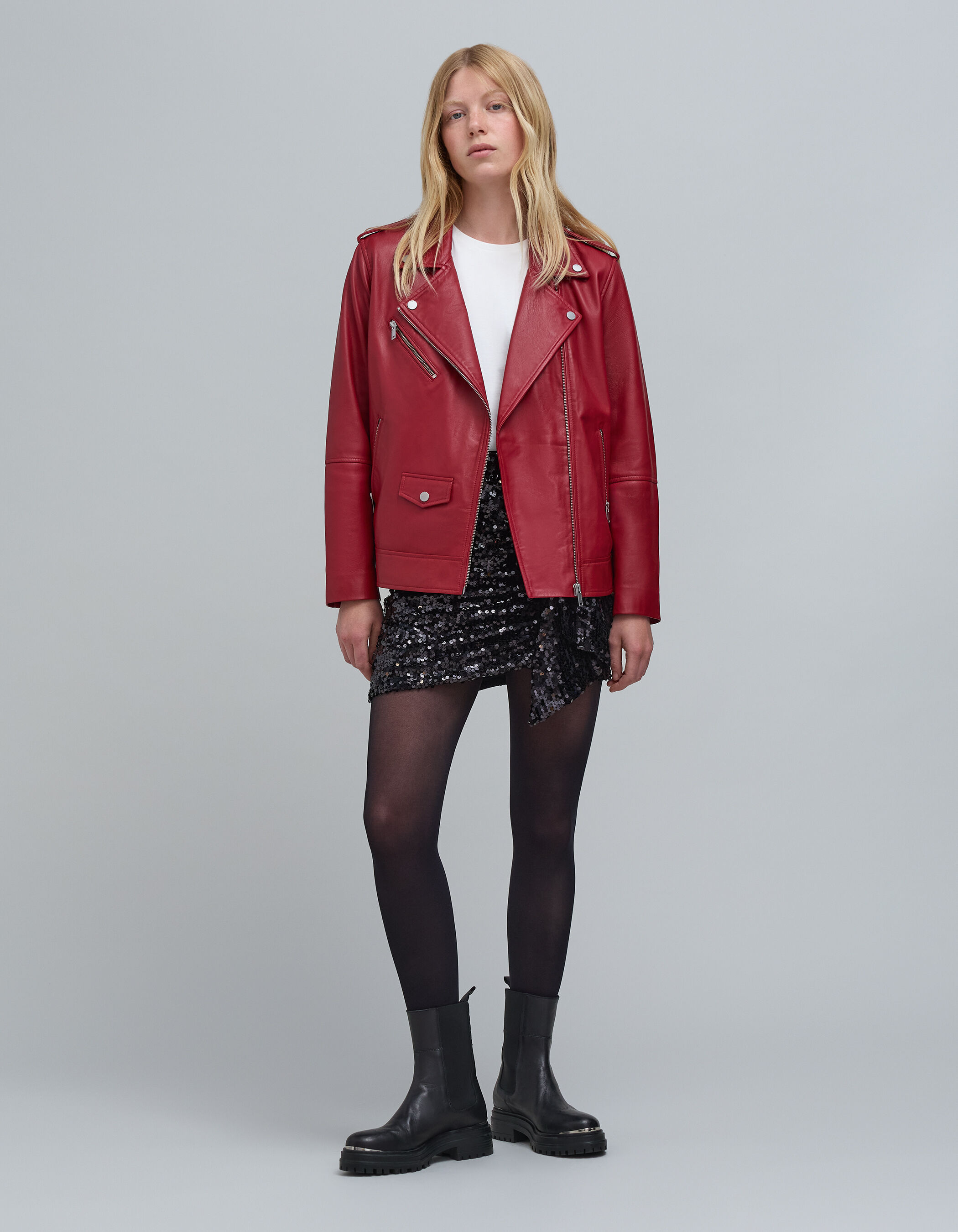 Cazadora biker de piel roja bolsillos cremallera IKKS