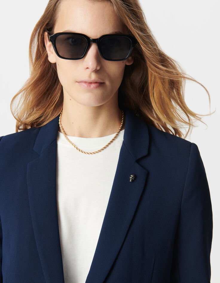 Mujer chaqueta de traje azul marino con manga 3/4 fruncida-5