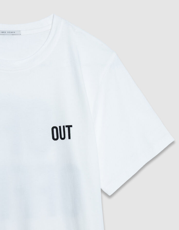 Mujer Cuello redondo blanco de algod&oacute;n org&aacute;nico con mensaje en la espalda-6