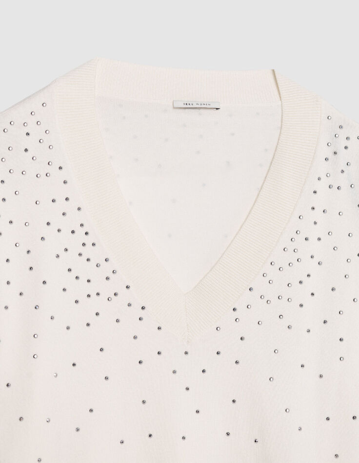 Women's white knitted V-neck studded sweater-6