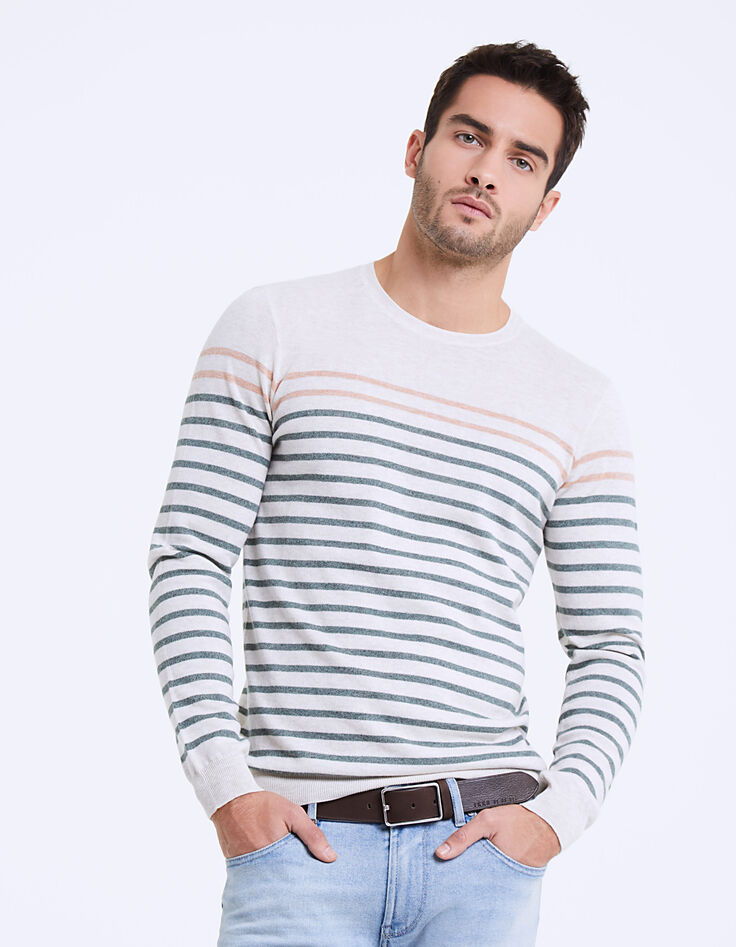 Pull marinière à rayures kaki et mandarine Homme-3