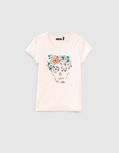 Girls’ blush T-shirt with skull and embroidered flowers - IKKS
