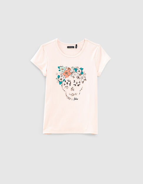 Girls’ blush T-shirt with skull and embroidered flowers