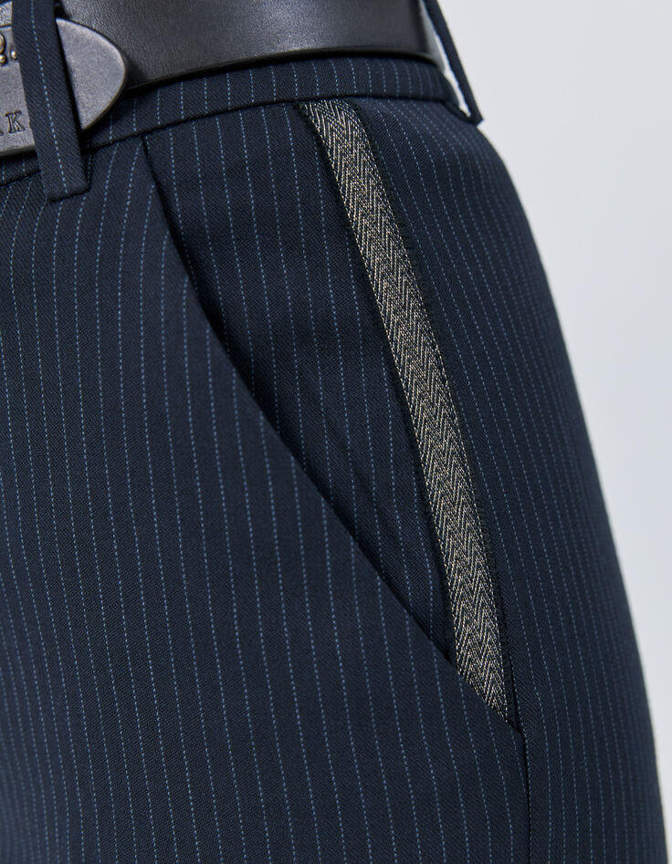 Pantalón de traje recto azul marino rayas tenis mujer-4