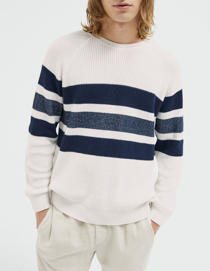 Pull blanc cassé tricot rayé marine Homme-1
