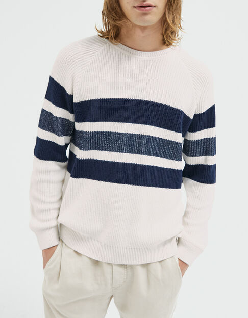 Men’s off-white knit sweater with navy sailor stripes - IKKS
