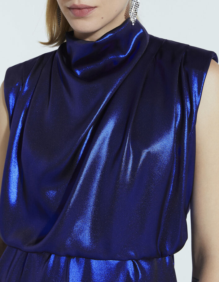 Women’s metallic blue draped neck sleeveless midi dress - IKKS