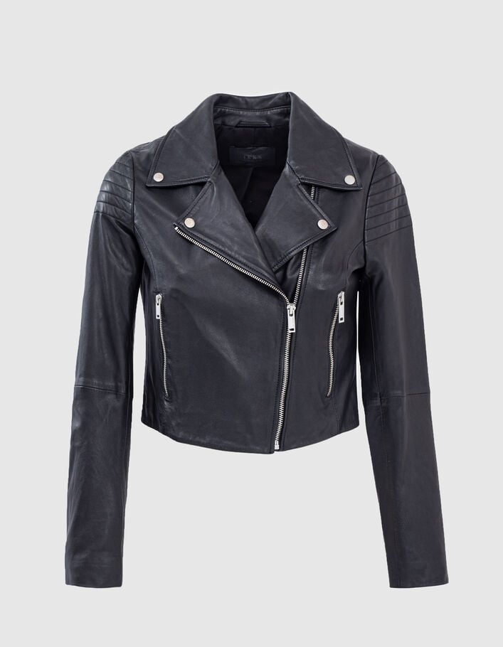 Women’s quilted shoulder lambskin leather short jacket-5
