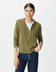 Khaki Damenstrickjacke Kapuze Lurex Fischgräten hinten-2