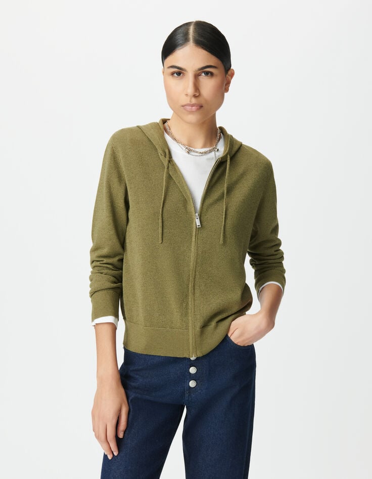 Khaki Damenstrickjacke Kapuze Lurex Fischgräten hinten-2 Khaki Damenstrickjacke Kapuze Lurex Fischgräten hinten-2