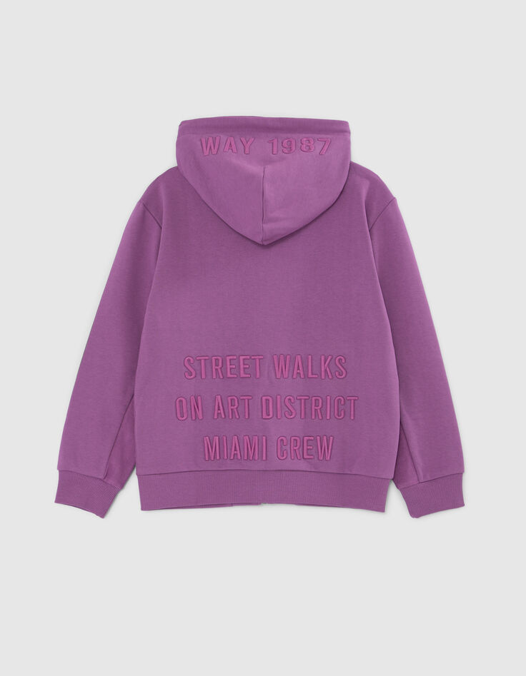 Cárdigan violeta maxi mensaje bordado detrás niño-3
