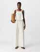 Ecru jumpsuit katoengaas met beige strepen-1