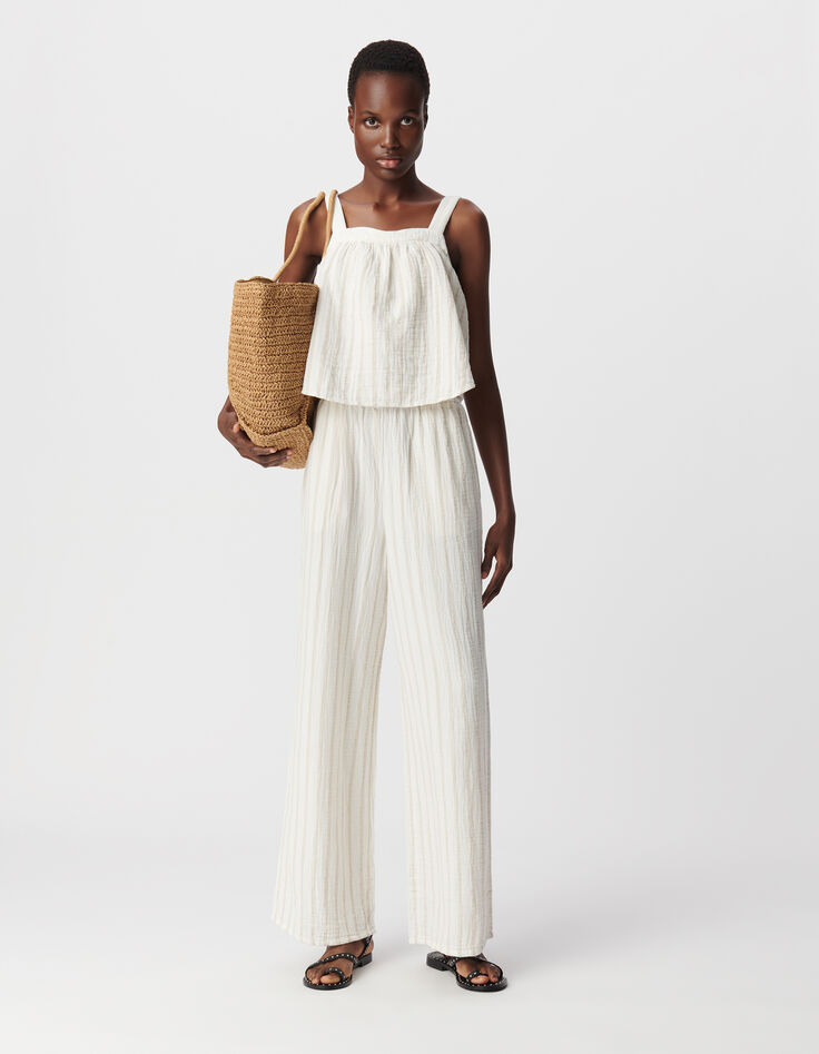 Ecru jumpsuit katoengaas met beige strepen-1