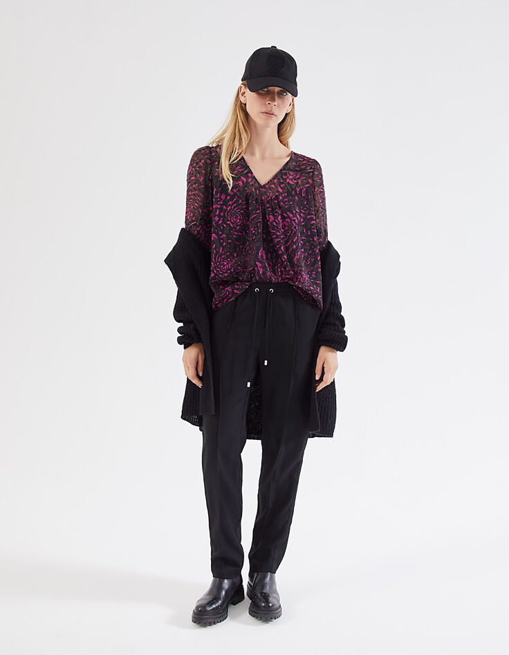 Cardigan noir mi-long broderie dos femme-6