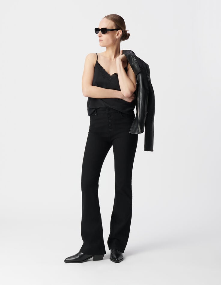 Vaqueros negros rectos de mujer con botones visibles-7