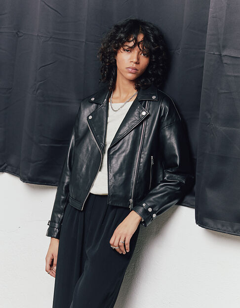 Women’s black certified lambskin leather short jacket