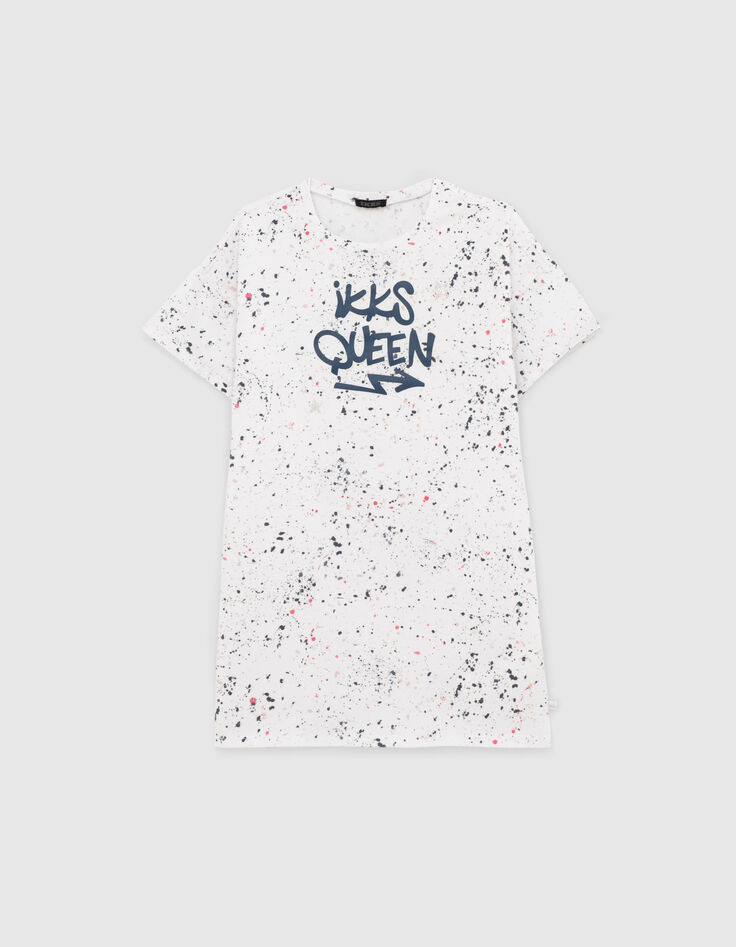 Wei&szlig;es M&auml;dchenshirtkleid mit Fleckenprint-1