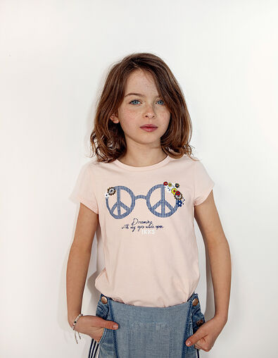 Girls' powder pink Peace & Love glasses T-shirt - IKKS