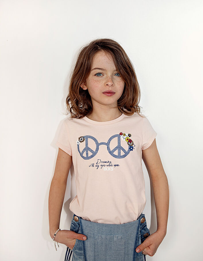 Girls' powder pink Peace & Love glasses T-shirt - IKKS