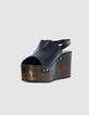 Women's black leather wedge sandals-2