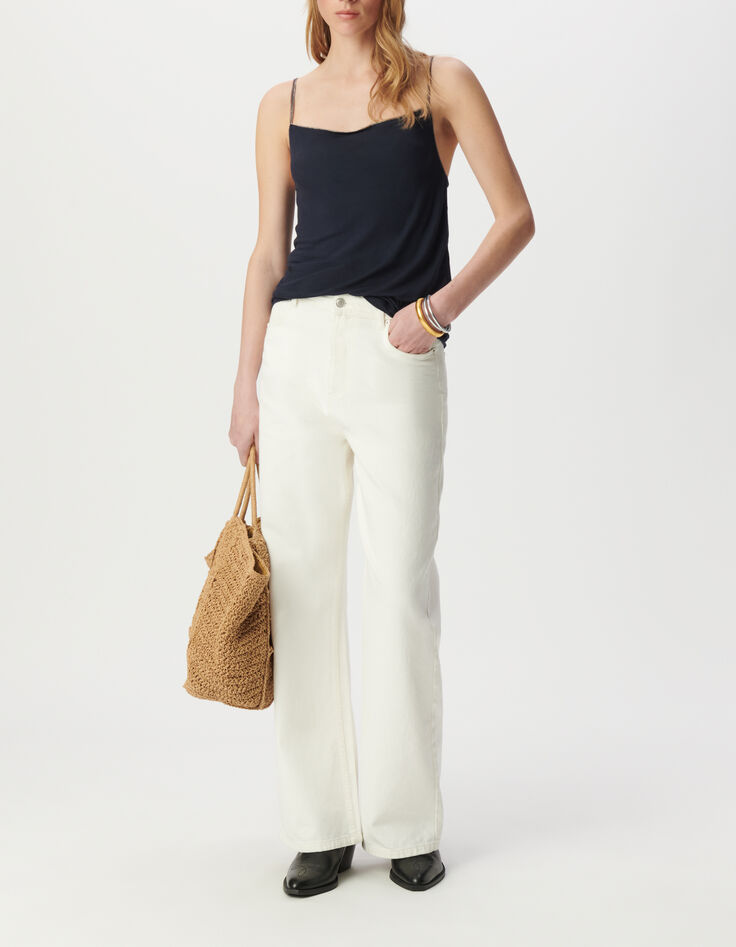 Navy top with draped neckline, pretty straps-1