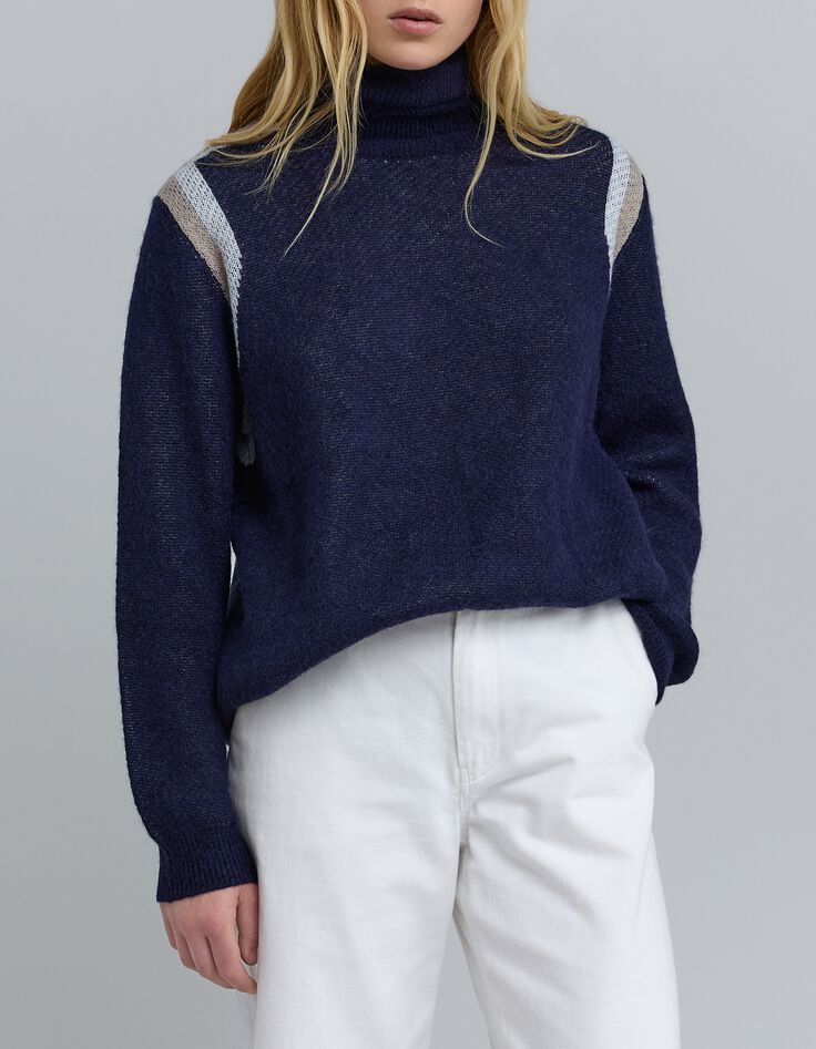 Pull marine tricot jacquard rayures placées Femme-2