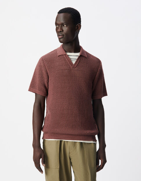 Polo marron tricot ajour&eacute; Homme - IKKS