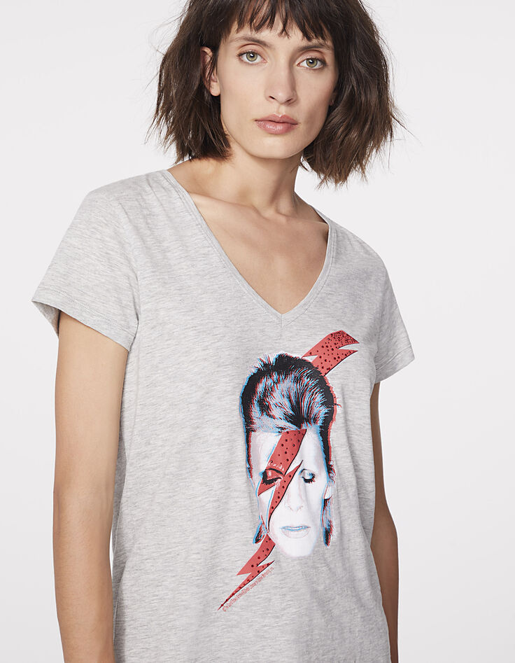 T-shirt katoen-modal opdruk Bowie Stardust, V-hals, dames-5