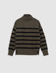 Khakifarbener Damen-Strickpullover mit schwarzem Streifenmuster-1