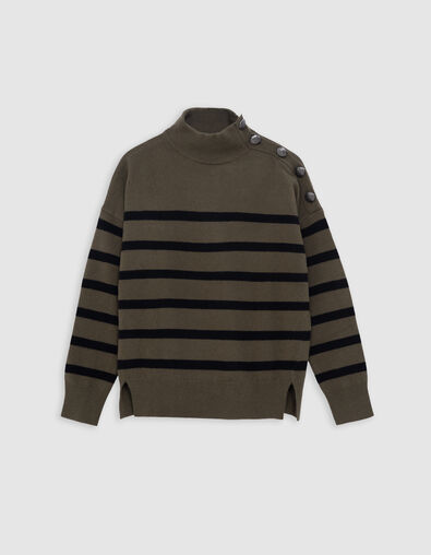 Khakifarbener Damen-Strickpullover mit schwarzem Streifenmuster - IKKS