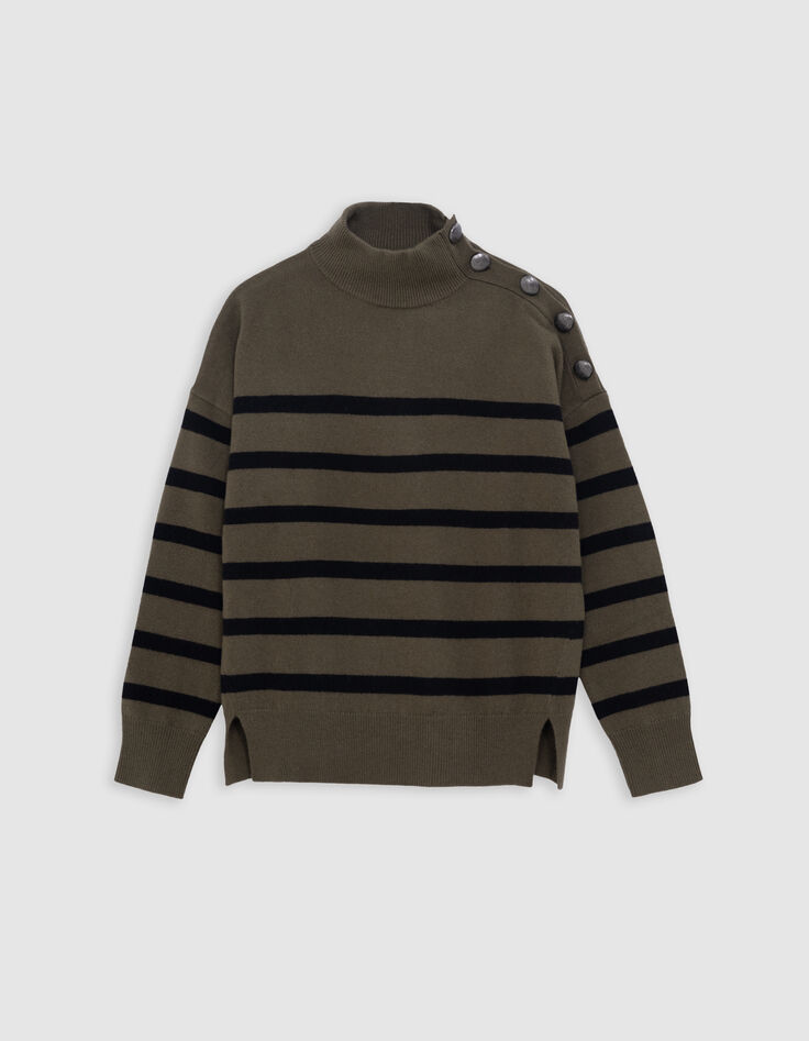 Khakifarbener Damen-Strickpullover mit schwarzem Streifenmuster-1